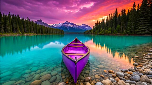 Colorful canoe on turquoise lake with pine trees and mountains at sunrise

 - Powered by Adobe