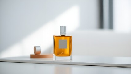Elegant perfume bottle on white table