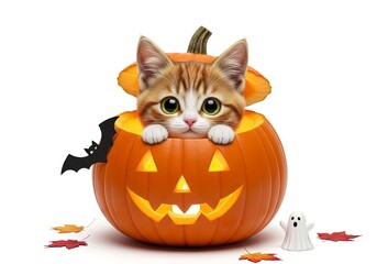 Kitten peers from a lit smiling jackolantern near a bat and a ghost figurine on a white background with fallen leaves
