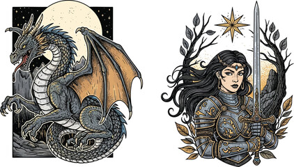 Dragon and warrior woman with sword