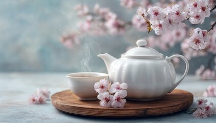 Fototapeta premium White teapot and cup, steaming tea, spring blossoms