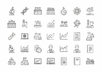 Large set of science, research, and laboratory thin line icons on a white background.