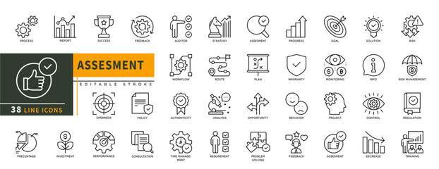 Minimalist Assesment line icons set with editable stroke, featuring process, report, sucess, feedback, opennes, policy, performance, consultant, straegy, plan, monitoring. thin linear illustration.