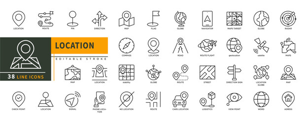 Minimalist Location line icons set with editable stroke, featuring route, pin, direction, map, flag, globe, navigator, street, no location, logistics, satelite, view point. thin linear illustration.