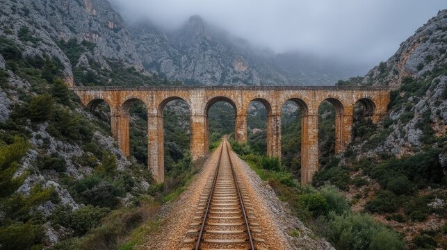 Stone arch bridge over a railway track in a mountainous valley