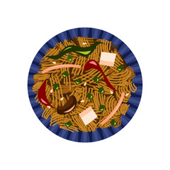 Delicious bowl of noodles with chili peppers and tofu in a blue bowl