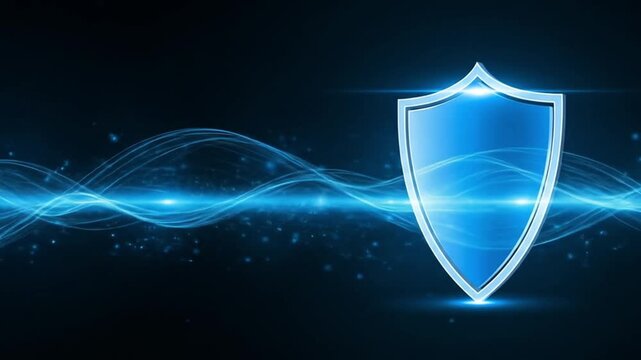 Digital shield symbolizing cybersecurity and data protection, with glowing blue energy waves on a dark background, representing network security and defense against threats