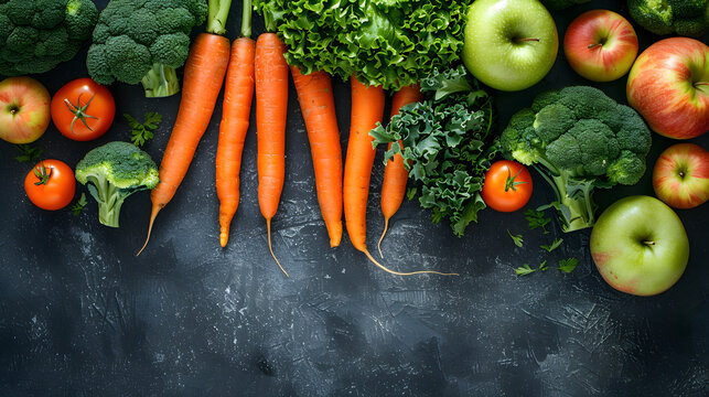 Organic Groceries Flatlay: Broccoli Carrots Apples and Greens on Dark Background, in high resolution clean minimal style stock photo illustration background image ideal for templates advertisements an
