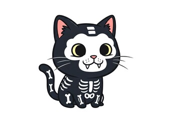 Cartoon cat dressed as a skeleton black and white bones