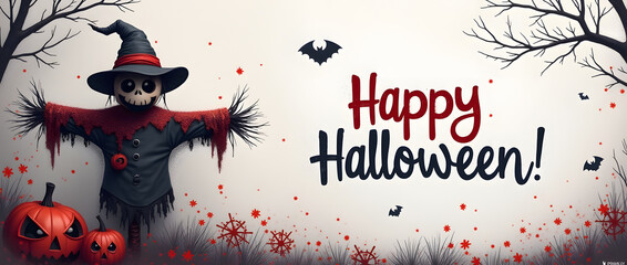 Happy Halloween : Épouvantail rouge-gris et tête de mort avec citrouilles et chauves-souris sur fond blanc