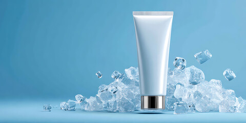 White tube of cream with ice cubes on blue background

