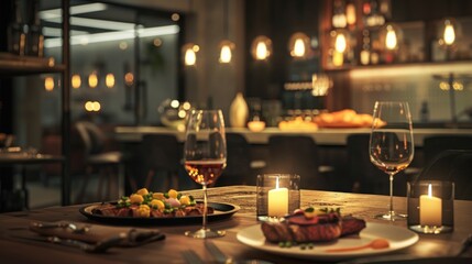 Gourmet dinner scene restaurant interior