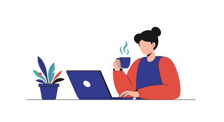 Fototapeta premium Woman Working on Laptop Drinking Coffee Vector Illustration.