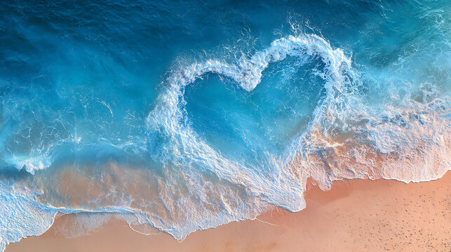 Aerial view of ocean waves forming a heart shape on a sandy beach at sunset