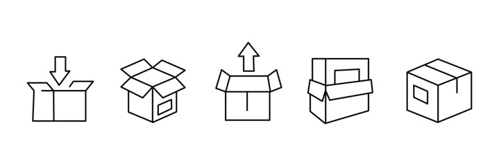 Line art delivery and logistics vector icon set showcasing boxes, truck, hand, mail, damaged, and shopping bag for shipping services