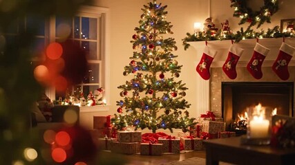 Lit Christmas tree with gifts fireplace with stockings mantel decor window display candlelit warm domestic interior - Powered by Adobe