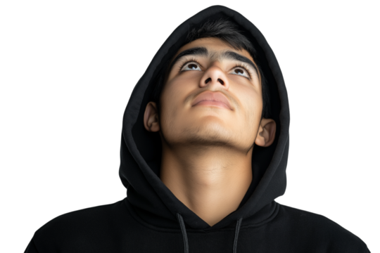 Handsome man wearing black hoodie and looking up, isolated on transparent background - Powered by Adobe