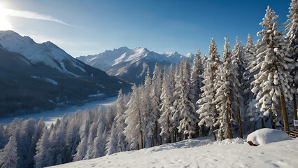 Fototapeta premium Snowy Mountains, Frost-Covered Trees, and a Peaceful Sunrise in a Scenic Alpine Escape Perfect for Nature Lovers, Outdoor Adventures, Holiday Travel, and Serene Landscape Photography, 8K image 