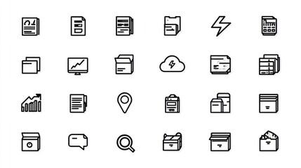 Collection of line art icons depicting file, document, cloud, and chart symbols