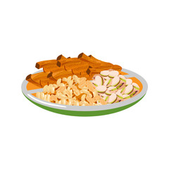 A plate of sweet potato fries puffed rice and pistachios