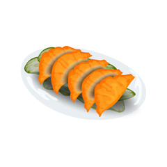 Delicious pan fried gyoza dumplings served on a white plate with sliced cucumbers