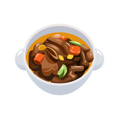 Top view of a bowl of hearty beef stew with carrots and herbs
