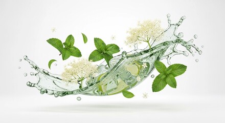 A refreshing elderflower spritz cocktail with mint leaves and floral elements splashing in clear water. Ideal for summer and low-ABV drink trends.