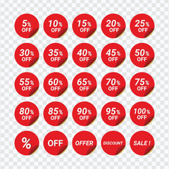 Red Discount and Sale Labels with Bold Percentage Offer Tags for Promotions