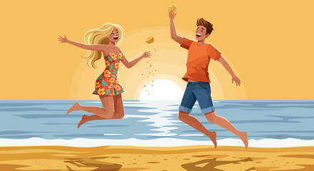 Joyful Couple Jumping on Beach at Sunset.
