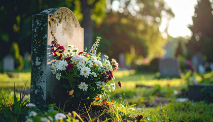 Gravestone adorned with flowers, cemetery scene. Somber and respectful mood.