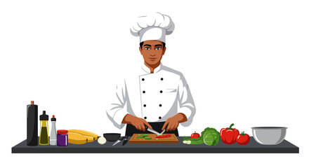 Chef in White Uniform Chopping Vegetables on Counter.
