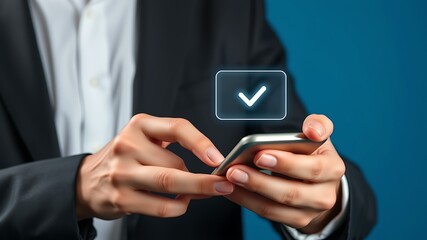 Person holding phone with checkmark hands mobile