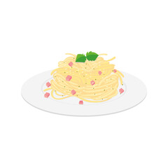 Delicious spaghetti carbonara with pancetta and basil on a white plate
