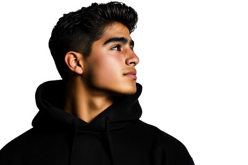 Handsome man wearing black hoodie and looking up, isolated on transparent background