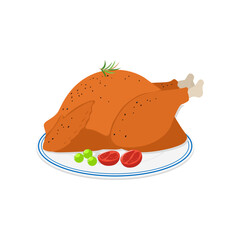 Whole roasted chicken with rosemary and cherry tomatoes on a platter