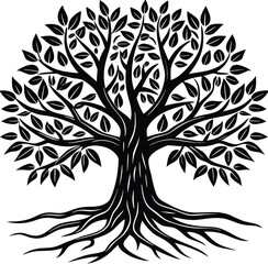 Obraz premium Black and white vector tree silhouette with a seamless floral leaf pattern, perfect for vintage nature-inspired design elements or a unique tattoo art illustration