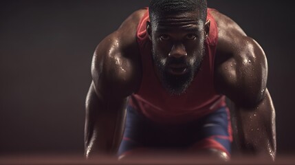 Focused athlete poised for a sprint.