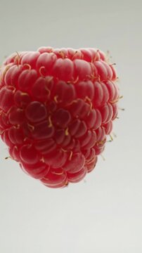 Extreme macro close-up of a flawless vibrant red raspberry slowly rotating, revealing intricate drupelet texture on a pure white seamless background with silky bokeh. Concept of organic health and