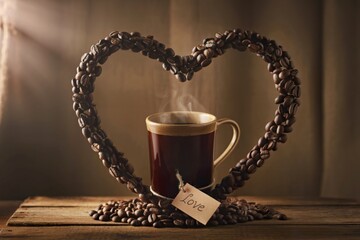 Aromatic coffee beans forming a heart around a mug