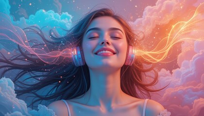 Ecstatic Woman Enjoying Music with Colorful Headphones and Light