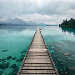 Fototapeta premium long wooden pier on misty lake