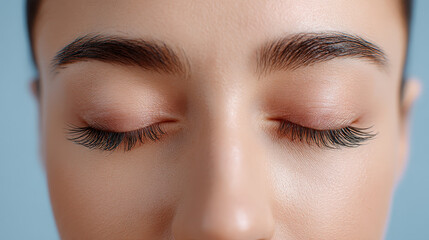 Closed eyes with long eyelashes and well groomed eyebrows convey sense of visual fatigue and calm