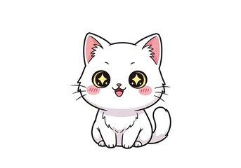 Obraz premium A cute cartoon white cat sits with big sparkling eyes and a happy expression