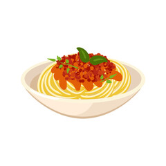 Delicious spaghetti bolognese with fresh basil garnish in a white bowl