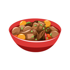 Delicious bowl of stew with meat and vegetables garnished with herbs