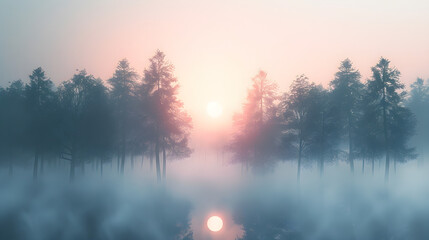 Fototapeta premium Soft Sunset Behind Foggy Tree Line white isolated background : Batch, in high resolution clean minimal style stock photo illustration background image ideal for templates advertisements and web banner