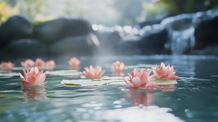 Obraz premium Floating lotus flowers on a glowing nighttime pool