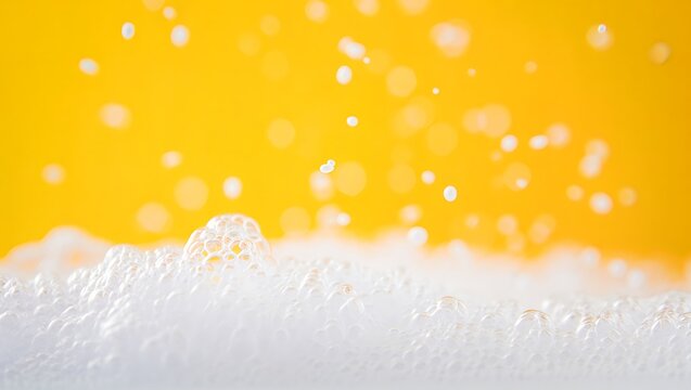 Vibrant white foam and bubbles against a bright yellow background with bokeh lights