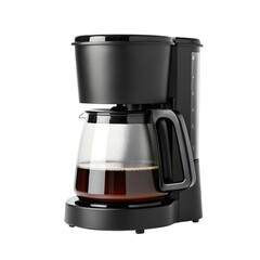 Black coffee maker with glass carafe is brewing a fresh pot of hot coffee on the kitchen countertop isolated on transparent background