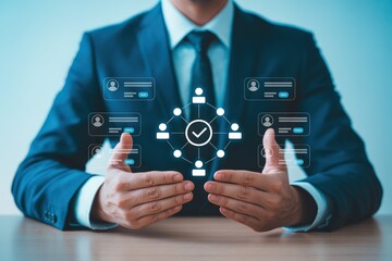 A businessman visualizes team network and collaboration on a digital interface